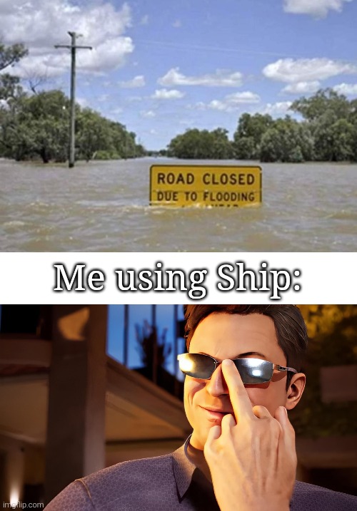 Nice try! | Me using Ship: | image tagged in sign,flooding | made w/ Imgflip meme maker