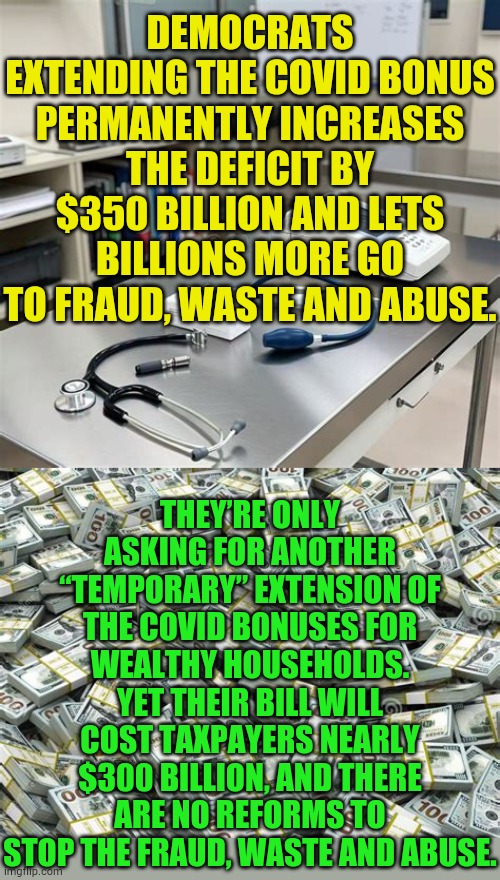 What? Do They Think We Can't Do The Math? | DEMOCRATS EXTENDING THE COVID BONUS PERMANENTLY INCREASES THE DEFICIT BY $350 BILLION AND LETS BILLIONS MORE GO TO FRAUD, WASTE AND ABUSE. THEY’RE ONLY ASKING FOR ANOTHER “TEMPORARY” EXTENSION OF THE COVID BONUSES FOR WEALTHY HOUSEHOLDS. YET THEIR BILL WILL COST TAXPAYERS NEARLY $300 BILLION, AND THERE ARE NO REFORMS TO STOP THE FRAUD, WASTE AND ABUSE. | image tagged in memes,politics,democrats,medical,extra,pay | made w/ Imgflip meme maker
