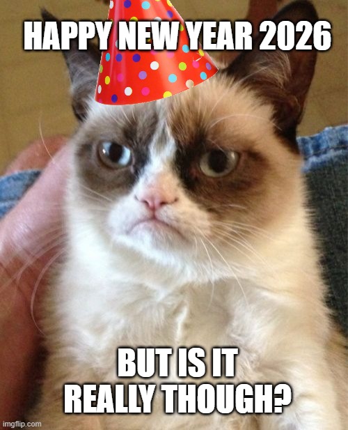 Grumpy Cat | HAPPY NEW YEAR 2026; BUT IS IT REALLY THOUGH? | image tagged in memes,grumpy cat | made w/ Imgflip meme maker