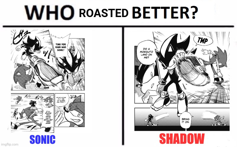 Who Did It Better? | ROASTED; SHADOW; SONIC | image tagged in memes,roast,sonic | made w/ Imgflip meme maker