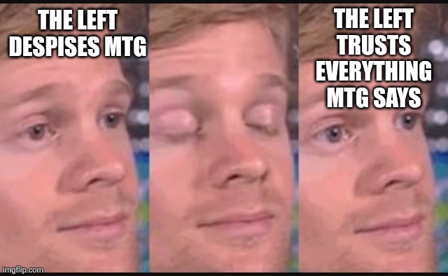 Jewish Space Laser lady is all yours... | THE LEFT
TRUSTS
EVERYTHING
MTG SAYS; THE LEFT DESPISES MTG | image tagged in blinking guy,mtg,hypocrites,political meme,democrats | made w/ Imgflip meme maker