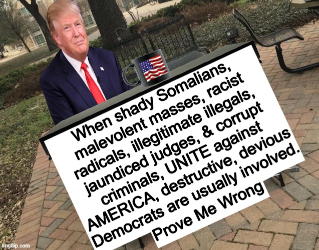 The Art of the Steal vs The Art of the Deal | When shady Somalians, 

malevolent masses, racist 

radicals, illegitimate illegals,  

jaundiced judges, & corrupt 

criminals, UNITE against 

AMERICA, destructive, devious 

Democrats are usually involved. Prove Me Wrong | image tagged in liberals vs conservatives,america,destruction,democrats,what the hell is wrong with you people,good vs evil | made w/ Imgflip meme maker