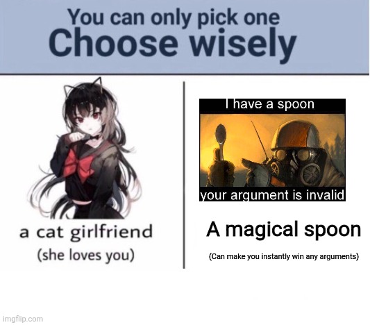 Choose wisely | A magical spoon; (Can make you instantly win any arguments) | image tagged in choose wisely | made w/ Imgflip meme maker