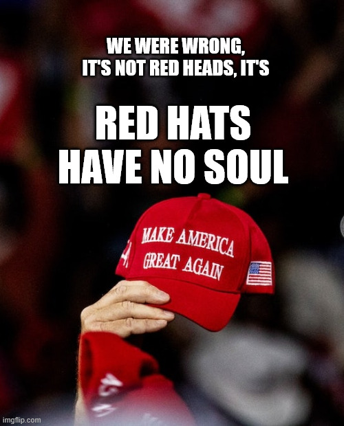 Red Hats Have No Soul | WE WERE WRONG, IT'S NOT RED HEADS, IT'S; RED HATS
HAVE NO SOUL | image tagged in donald trump,maga,republicans | made w/ Imgflip meme maker