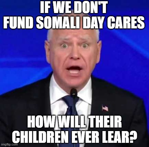 Somali Learing | IF WE DON'T FUND SOMALI DAY CARES; HOW WILL THEIR CHILDREN EVER LEAR? | image tagged in tim walz | made w/ Imgflip meme maker