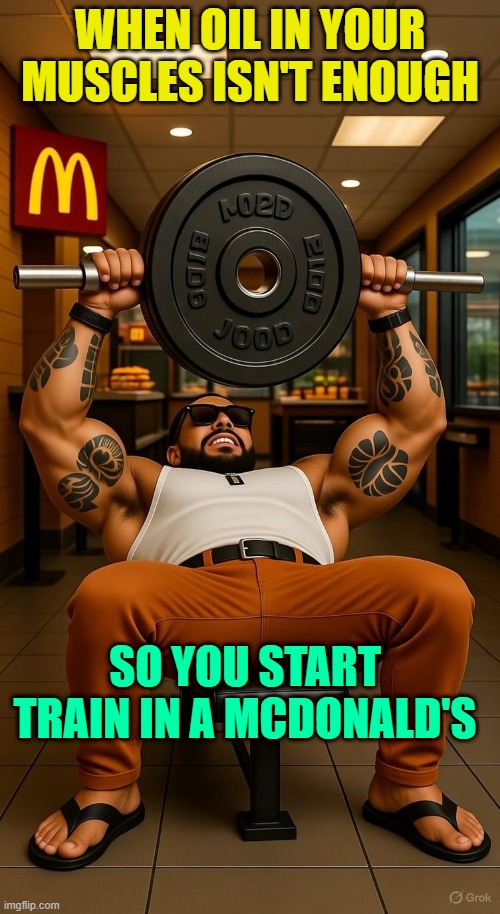AI is amazing | WHEN OIL IN YOUR MUSCLES ISN'T ENOUGH; SO YOU START TRAIN IN A MCDONALD'S | made w/ Imgflip meme maker