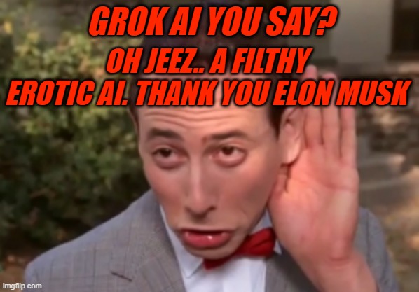 Pee wee | GROK AI YOU SAY? OH JEEZ.. A FILTHY EROTIC AI. THANK YOU ELON MUSK | image tagged in pee wee | made w/ Imgflip meme maker