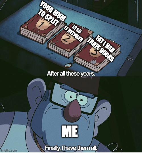 The Three books | YOUR MUM
TO SPLIT; IS SO
IT BETWEEN; FAT I HAD
THREE BOOKS; ME | image tagged in finally i have them all | made w/ Imgflip meme maker