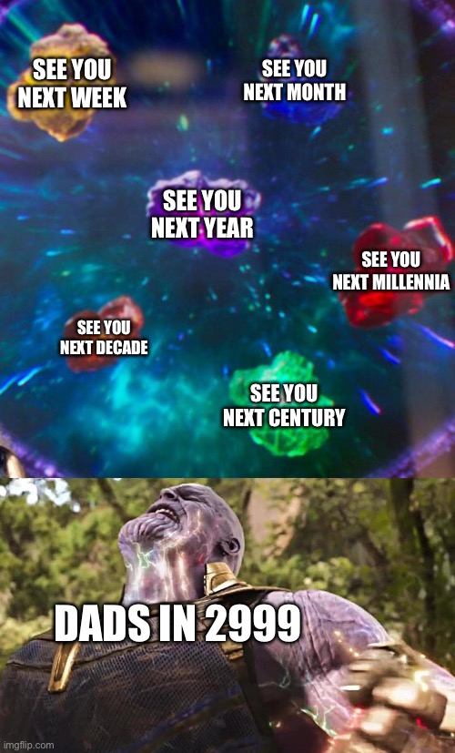 (Also applies to “I haven’t _____ since last year”) First meme of the year for me! | SEE YOU NEXT WEEK; SEE YOU NEXT MONTH; SEE YOU NEXT YEAR; SEE YOU NEXT MILLENNIA; SEE YOU NEXT DECADE; SEE YOU NEXT CENTURY; DADS IN 2999 | image tagged in thanos infinity stones,happy new year,dad joke,why are you reading the tags | made w/ Imgflip meme maker