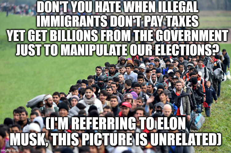 The only welfare queens are the billionaires | DON'T YOU HATE WHEN ILLEGAL IMMIGRANTS DON'T PAY TAXES YET GET BILLIONS FROM THE GOVERNMENT JUST TO MANIPULATE OUR ELECTIONS? (I'M REFERRING TO ELON MUSK, THIS PICTURE IS UNRELATED) | image tagged in muslim-welfare-migrants | made w/ Imgflip meme maker