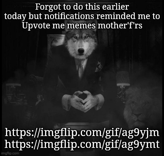 Wolf on a chair | Forgot to do this earlier today but notifications reminded me to
Upvote me memes mother'f'rs; https://imgflip.com/gif/ag9yjm
https://imgflip.com/gif/ag9ymt | image tagged in wolf on a chair | made w/ Imgflip meme maker