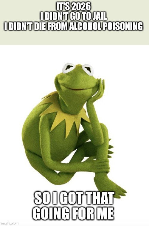 Oh Really Kermit | IT'S 2026 
I DIDN'T GO TO JAIL 
I DIDN'T DIE FROM ALCOHOL POISONING; SO I GOT THAT GOING FOR ME | image tagged in oh really kermit | made w/ Imgflip meme maker
