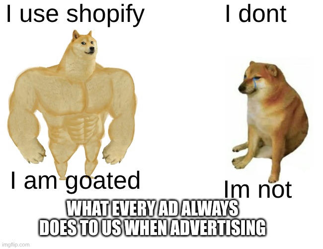 POV Ads | I use shopify; I dont; I am goated; Im not; WHAT EVERY AD ALWAYS DOES TO US WHEN ADVERTISING | image tagged in memes,buff doge vs cheems,ads,pissed off | made w/ Imgflip meme maker