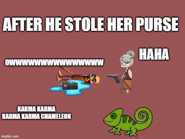 the robbery | AFTER HE STOLE HER PURSE; HAHA; OWWWWWWWWWWWWWWW; KARMA KARMA KARMA KARMA CHAMELEON | image tagged in instant karma | made w/ Imgflip meme maker