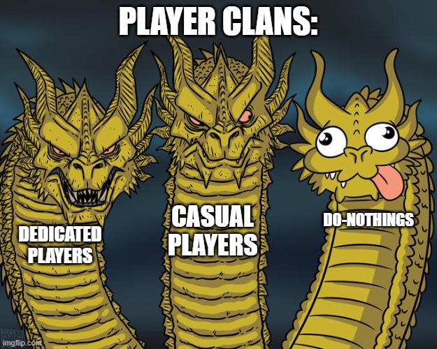 Every game with a clan system ever. | PLAYER CLANS:; CASUAL PLAYERS; DO-NOTHINGS; DEDICATED PLAYERS | image tagged in three-headed dragon | made w/ Imgflip meme maker