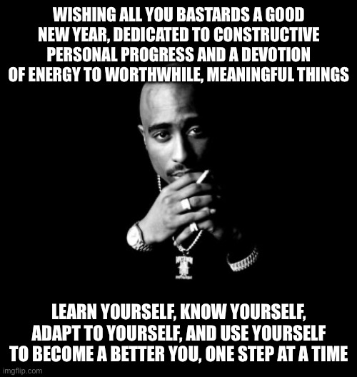 Always work on you, so that when you’re ready, you can work on the world. Loyal To The Game (feat. Treach and Riddler) by 2Pac | WISHING ALL YOU BASTARDS A GOOD NEW YEAR, DEDICATED TO CONSTRUCTIVE PERSONAL PROGRESS AND A DEVOTION OF ENERGY TO WORTHWHILE, MEANINGFUL THINGS; LEARN YOURSELF, KNOW YOURSELF, ADAPT TO YOURSELF, AND USE YOURSELF TO BECOME A BETTER YOU, ONE STEP AT A TIME | image tagged in tupac | made w/ Imgflip meme maker