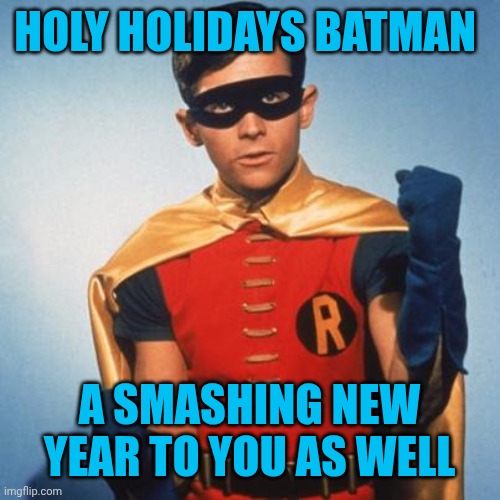 HOLY HOLIDAYS BATMAN A SMASHING NEW YEAR TO YOU AS WELL | image tagged in robin | made w/ Imgflip meme maker