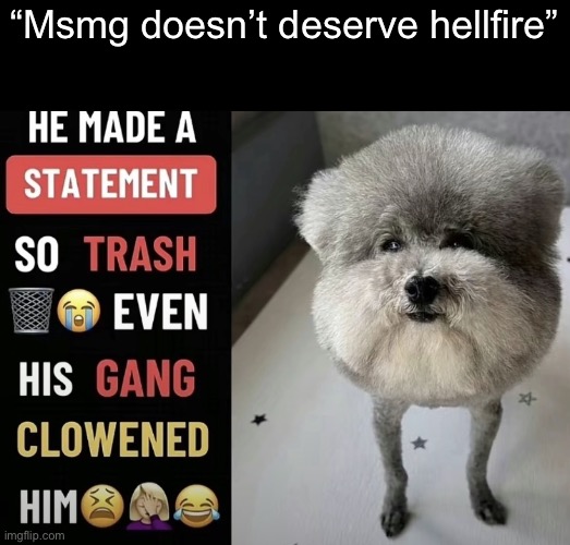 He made a statement so trash | “Msmg doesn’t deserve hellfire” | image tagged in he made a statement so trash | made w/ Imgflip meme maker