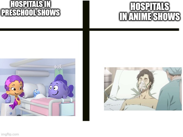 Hospitals are worse in Anime shows | HOSPITALS IN PRESCHOOL SHOWS; HOSPITALS IN ANIME SHOWS | image tagged in anime,bubble guppies,hospital | made w/ Imgflip meme maker