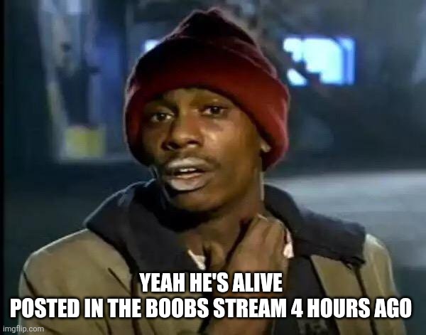 Y'all Got Any More Of That Meme | YEAH HE'S ALIVE 
POSTED IN THE BOOBS STREAM 4 HOURS AGO | image tagged in memes,y'all got any more of that | made w/ Imgflip meme maker