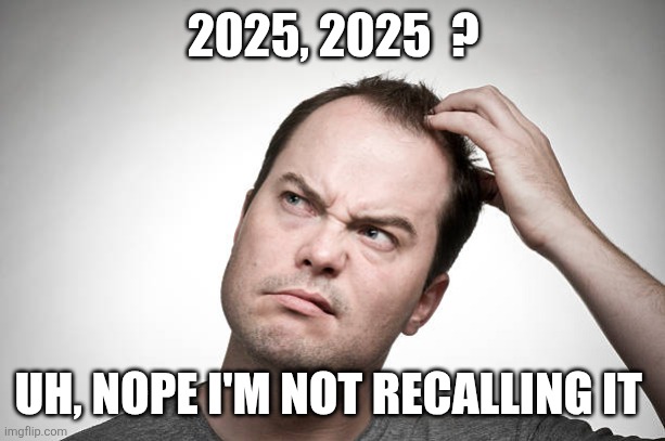 confused | 2025, 2025  ? UH, NOPE I'M NOT RECALLING IT | image tagged in confused | made w/ Imgflip meme maker