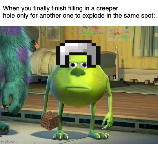 AND THEN IT DELETES LIKE HALF THE DIRT I NEED TO FILL IT- | When you finally finish filling in a creeper hole only for another one to explode in the same spot: | image tagged in mike wazowski bruh | made w/ Imgflip meme maker