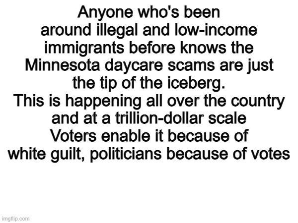 100% | Anyone who's been around illegal and low-income immigrants before knows the Minnesota daycare scams are just the tip of the iceberg.
This is happening all over the country and at a trillion-dollar scale
Voters enable it because of white guilt, politicians because of votes | image tagged in memes,funny,politics,political meme,illegal immigration | made w/ Imgflip meme maker
