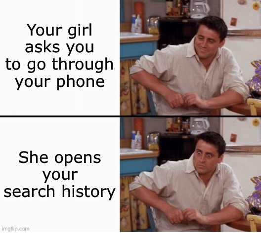 Almost nothing to hide | Your girl asks you to go through your phone; She opens your search history | image tagged in joey shocked | made w/ Imgflip meme maker