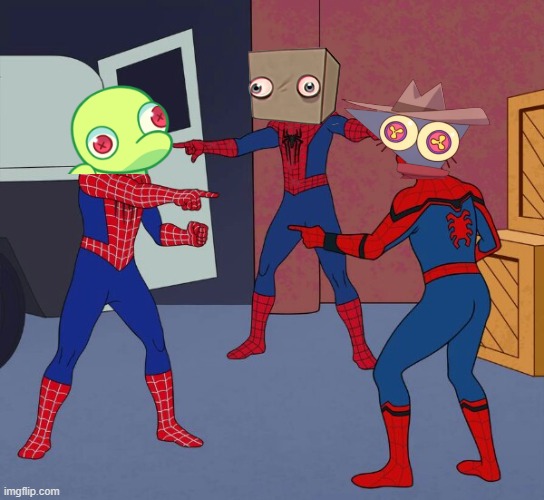 Trying to figure out what my favorite Gooseworx short film is be like: | image tagged in spider man triple,gooseworx,elain the bounty hunter,the darly boxman show,little runmo | made w/ Imgflip meme maker