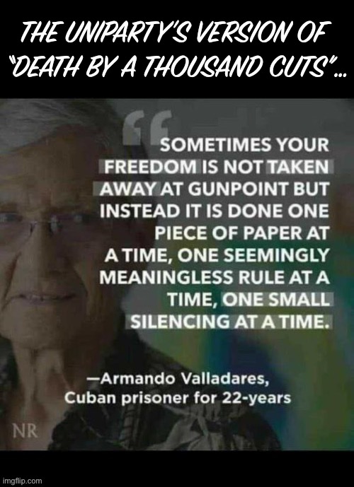They’ve been using this method for over a century… | THE UNIPARTY’S VERSION OF 
“DEATH BY A THOUSAND CUTS”… | image tagged in political meme,uniparty,death by a thousand cuts,tyranny,oppression | made w/ Imgflip meme maker