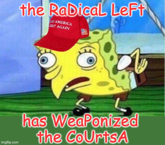 MAGA SpongeBob | the RaDicaL LeFt has WeaPonized 
the CoUrtsA | image tagged in maga spongebob | made w/ Imgflip meme maker