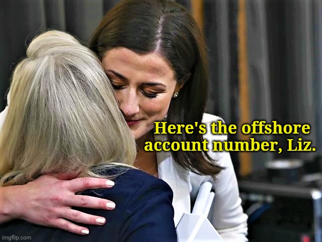 Liz Cheney, RINO and Cassidy | Here's the offshore account number, Liz. | image tagged in liz cheney rino and cassidy | made w/ Imgflip meme maker