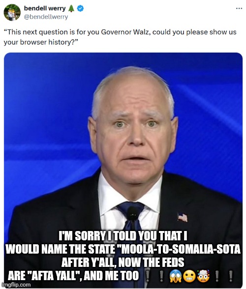 Minnesota Wahltz | I'M SORRY I TOLD YOU THAT I WOULD NAME THE STATE "MOOLA-TO-SOMALIA-SOTA AFTER Y'ALL, NOW THE FEDS ARE "AFTA YALL", AND ME TOO ❗❗😱😬🤯❗❗ | image tagged in minnesota | made w/ Imgflip meme maker