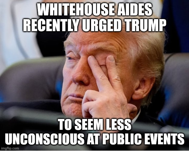 Needs to retire and nap | WHITEHOUSE AIDES RECENTLY URGED TRUMP; TO SEEM LESS UNCONSCIOUS AT PUBLIC EVENTS | image tagged in sleepy time trump,donald trump,retirement,brain before sleep,trump unfit unqualified dangerous | made w/ Imgflip meme maker