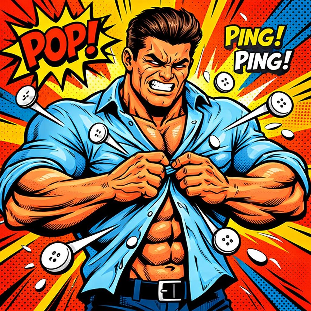 Muscular guy trying to button regular shirt, buttons flying off Blank Meme Template