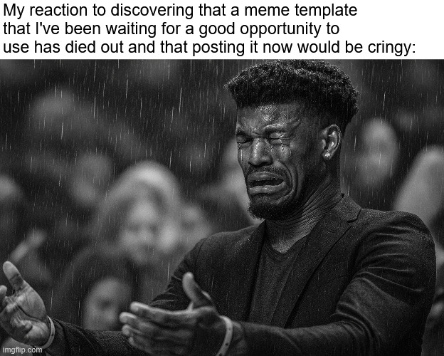 I don't see these Jimmy Butler templates used anymore, so I assumed the meme had died. | My reaction to discovering that a meme template that I've been waiting for a good opportunity to use has died out and that posting it now would be cringy: | image tagged in dead meme | made w/ Imgflip meme maker