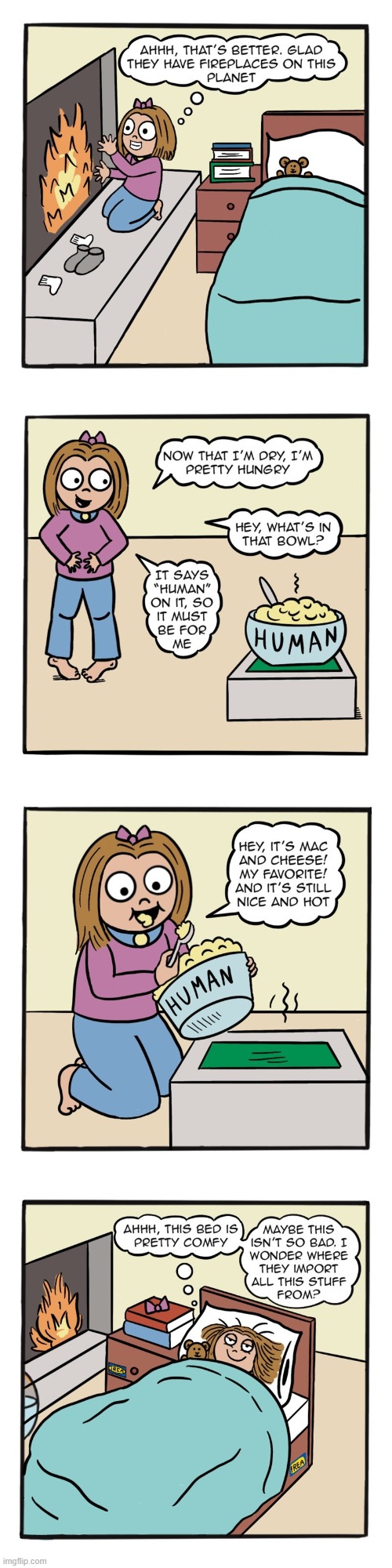 image tagged in human,sally,house,fireplace,mac and cheese,bed | made w/ Imgflip meme maker