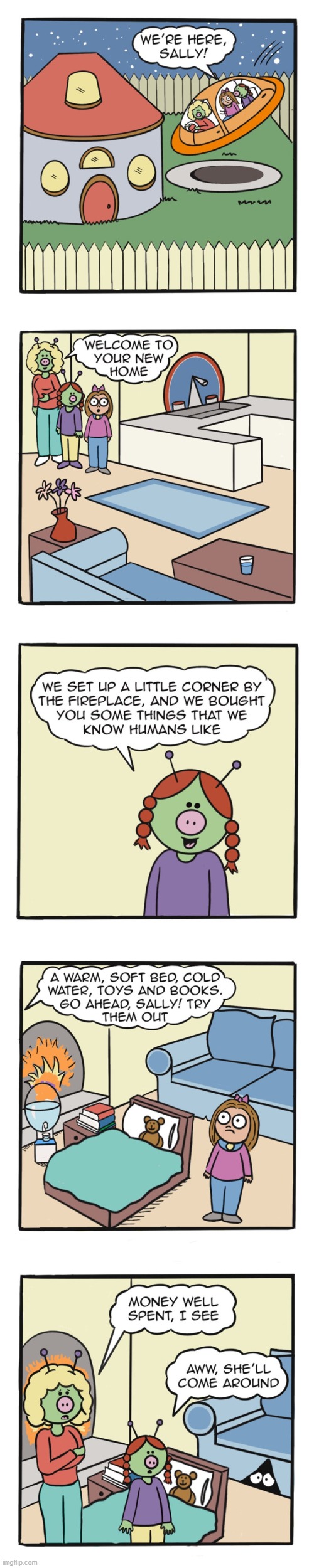 image tagged in human,sally,aliens,house,sofa,hide | made w/ Imgflip meme maker