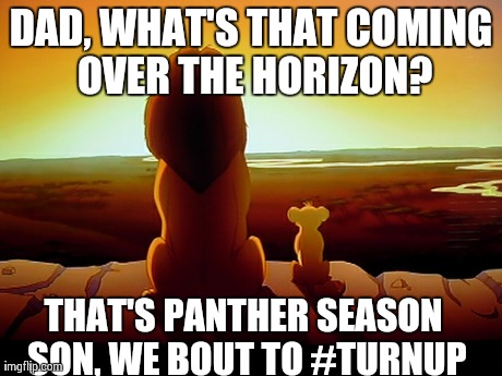 Lion King | DAD, WHAT'S THAT COMING OVER THE HORIZON? THAT'S PANTHER SEASON SON, WE BOUT TO #TURNUP | image tagged in memes,lion king | made w/ Imgflip meme maker