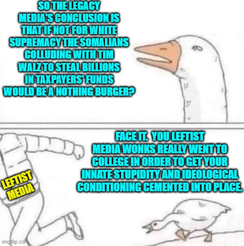 This -- mind you -- while some in the media are apologizing for steering the nation wrong for 20 years. | SO THE LEGACY MEDIA'S CONCLUSION IS THAT IF NOT FOR WHITE SUPREMACY THE SOMALIANS COLLUDING WITH TIM WALZ TO STEAL BILLIONS IN TAXPAYERS' FUNDS WOULD BE A NOTHING BURGER? FACE IT.  YOU LEFTIST MEDIA WONKS REALLY WENT TO COLLEGE IN ORDER TO GET YOUR INNATE STUPIDITY AND IDEOLOGICAL CONDITIONING CEMENTED INTO PLACE. LEFTIST MEDIA | image tagged in goose chase | made w/ Imgflip meme maker