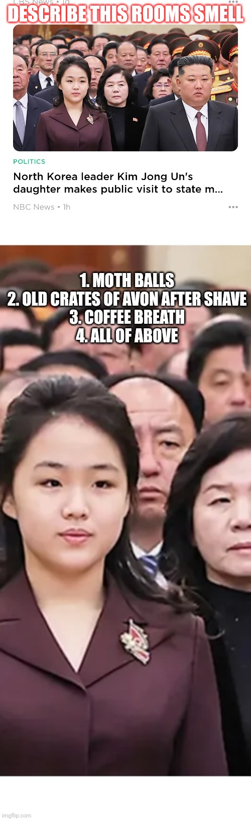 1st pop quiz of 2026 | DESCRIBE THIS ROOMS SMELL; 1. MOTH BALLS
2. OLD CRATES OF AVON AFTER SHAVE
3. COFFEE BREATH
4. ALL OF ABOVE | image tagged in wtf,wow | made w/ Imgflip meme maker