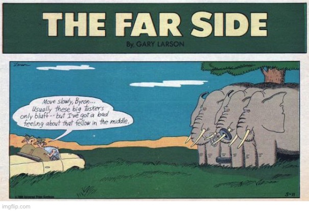 He just likes to wear car parts as jewelry… | image tagged in the far side,comics,elephants,dangerous,safari | made w/ Imgflip meme maker