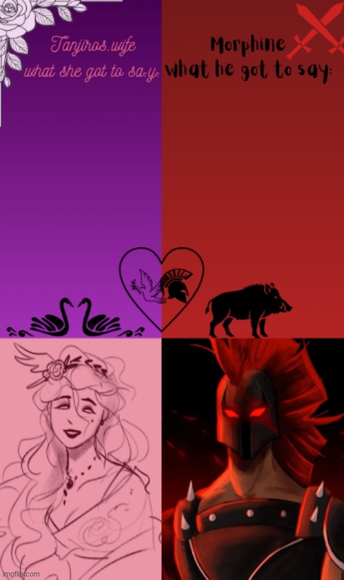 made a new temp hehe (Mod note: the one on right looks like ai) | image tagged in tanjiros wife and morphine shared temp | made w/ Imgflip meme maker