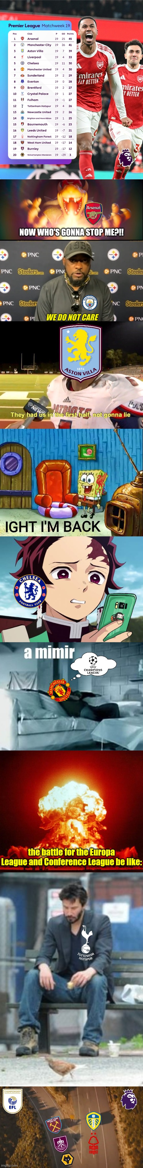 Premier League Table so far rn... | NOW WHO'S GONNA STOP ME?!! the battle for the Europa League and Conference League be like: | image tagged in now whose gonna stop me,they had us in the first half,a mimir david bisbal,premier league,sports,memes | made w/ Imgflip meme maker