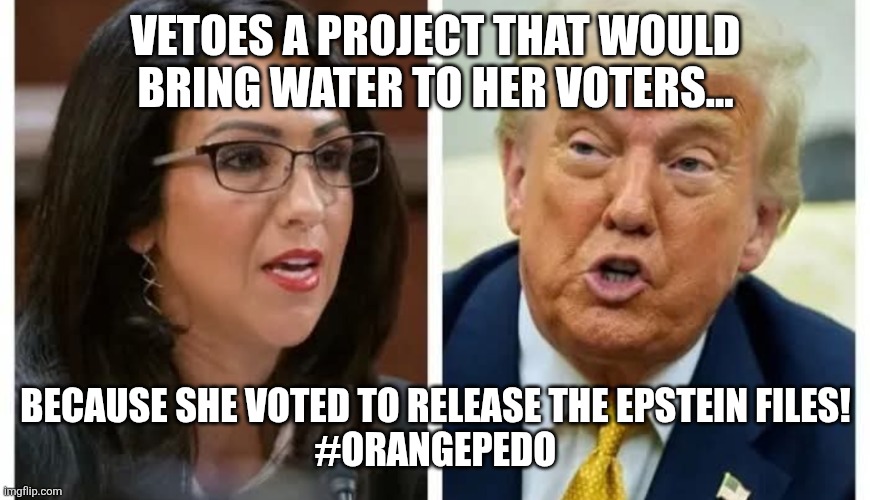 Maga retribution! | VETOES A PROJECT THAT WOULD BRING WATER TO HER VOTERS... BECAUSE SHE VOTED TO RELEASE THE EPSTEIN FILES!
#ORANGEPEDO | image tagged in donald trump,trump,jeffrey epstein,epstein,nevertrump,maga | made w/ Imgflip meme maker