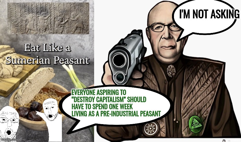 pre-industrial peasant diet | I'M NOT ASKING; EVERYONE ASPIRING TO “DESTROY CAPITALISM” SHOULD HAVE TO SPEND ONE WEEK LIVING AS A PRE-INDUSTRIAL PEASANT | image tagged in fiber,grain,freedom,sumerian peasantslop,maha,klaus schwab | made w/ Imgflip meme maker