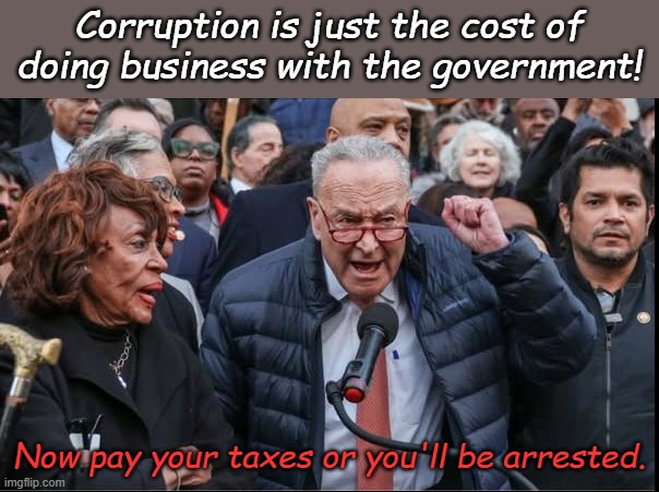 And there's nothing we can do about it, now re-elect us. | Corruption is just the cost of doing business with the government! Now pay your taxes or you'll be arrested. | image tagged in schumer raskin waters want their money | made w/ Imgflip meme maker