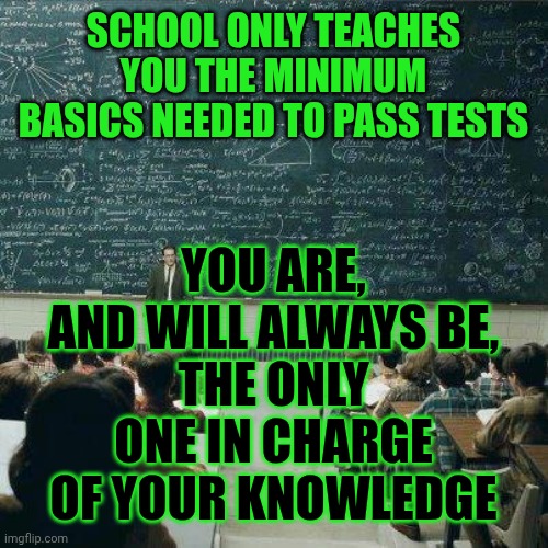 Don't Just Learn For The Certifications And Degrees.  Let Those Be The After Effects Of Your Insatiable Quest For Knowledge | SCHOOL ONLY TEACHES YOU THE MINIMUM BASICS NEEDED TO PASS TESTS; YOU ARE,
AND WILL ALWAYS BE,
THE ONLY ONE IN CHARGE OF YOUR KNOWLEDGE | image tagged in school,knowledge is power,wake up,school is a tool,higher education,nerds get rich | made w/ Imgflip meme maker