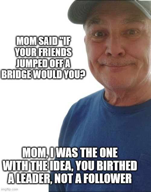durlearl | MOM SAID "IF YOUR FRIENDS JUMPED OFF A BRIDGE WOULD YOU? MOM, I WAS THE ONE WITH THE IDEA, YOU BIRTHED A LEADER, NOT A FOLLOWER | image tagged in durlearl | made w/ Imgflip meme maker