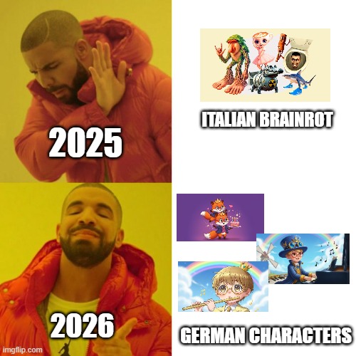 2026 will have German Characters that could take down the Italian Brainrot... | ITALIAN BRAINROT; 2025; 2026; GERMAN CHARACTERS | image tagged in drake blank,2026 | made w/ Imgflip meme maker